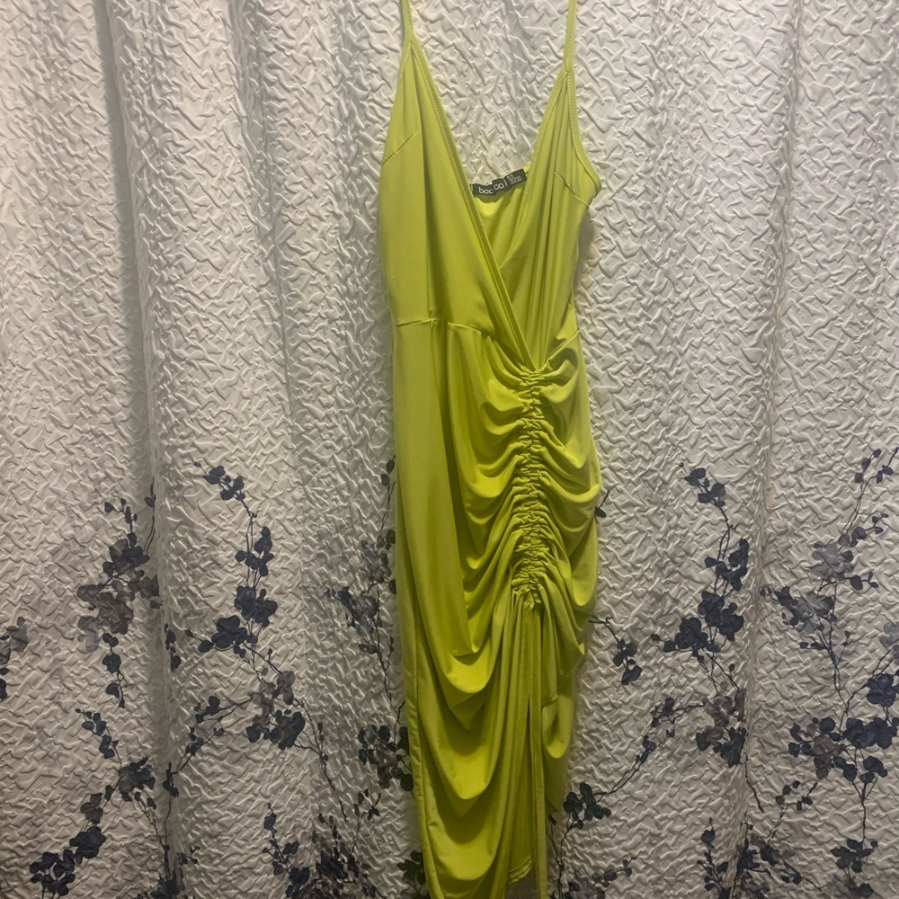 Green Asymmetrical Ruched Sundress with Spaghetti Straps